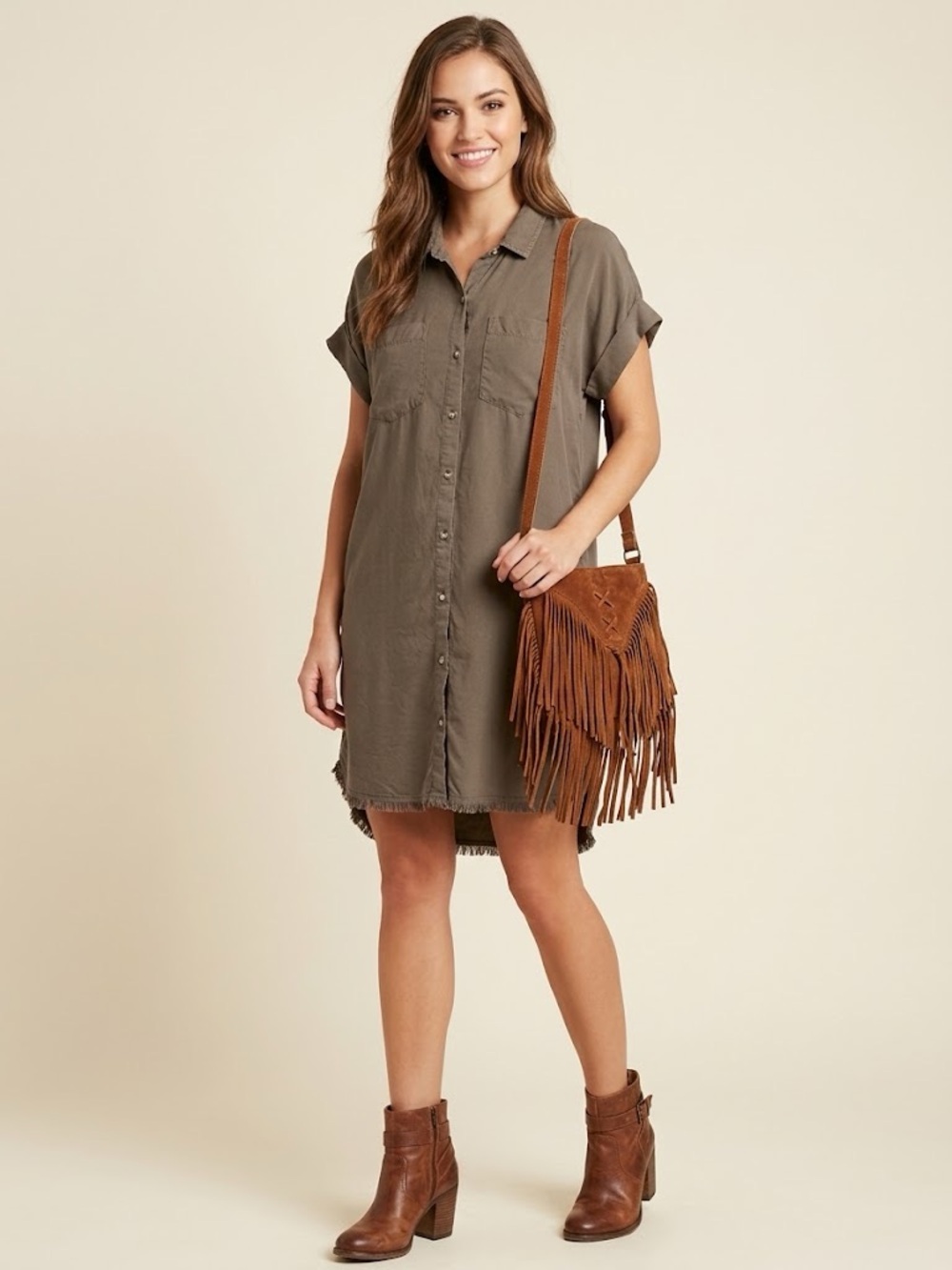 Thread & Supply Olive Green High Low Raw Hem Shirt Dress Size L Button Front
